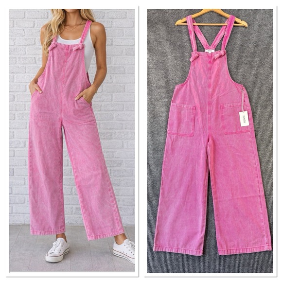 Zenana Outfitters Pants - Zenana Pink Acid Wash Overalls Wide Leg Bib Jumpsuit NWT Relaxed Loose Fit M